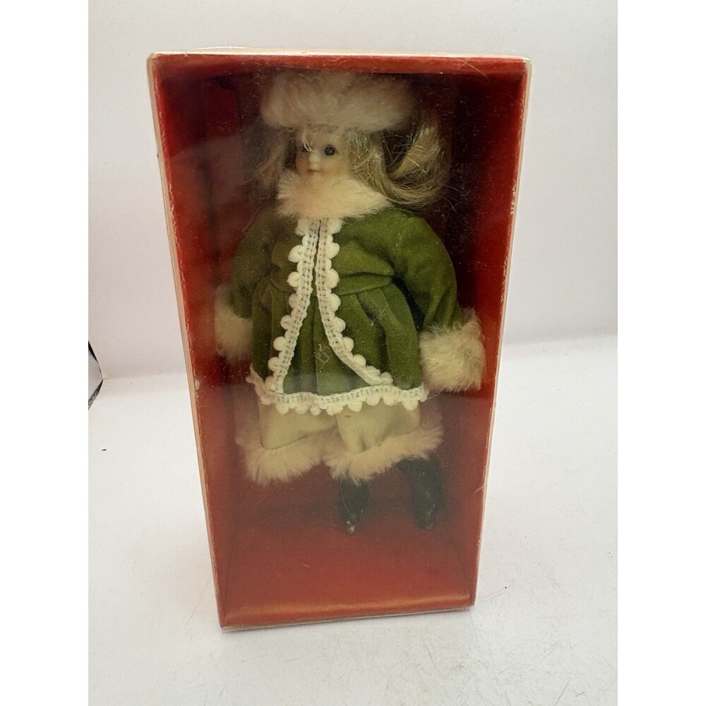 VTG Kurt S Adler Porcelain Ice Skater Doll Christmas Ornament Green Velvet 6"
